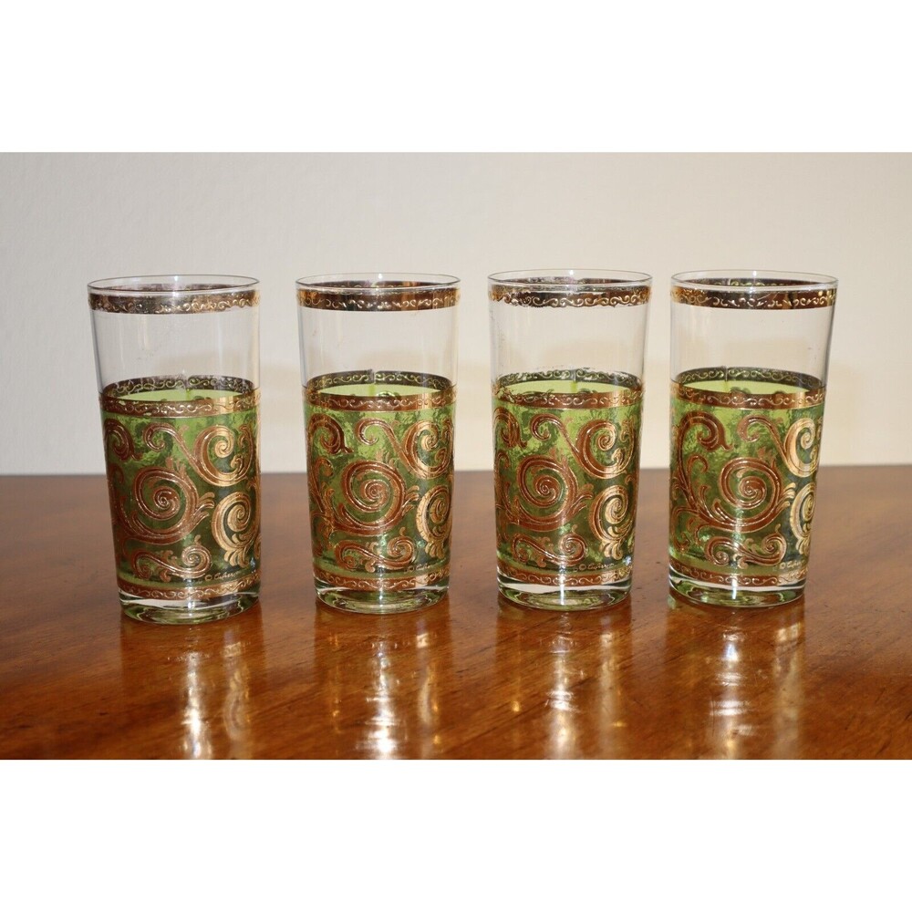 DAMAGED Lot 4x MCM Vintage Culver Green Gold Swirl Tall Tumbler Glasses Toledo
